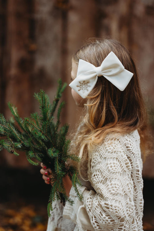 Christmas Satin Hair Bow with Embroidered Snowflake