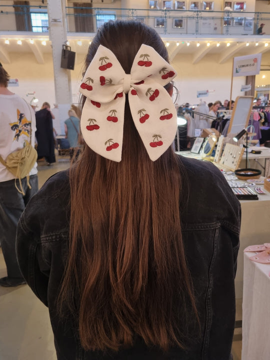Big White Linen Hair Bow with Embroidered Cherries