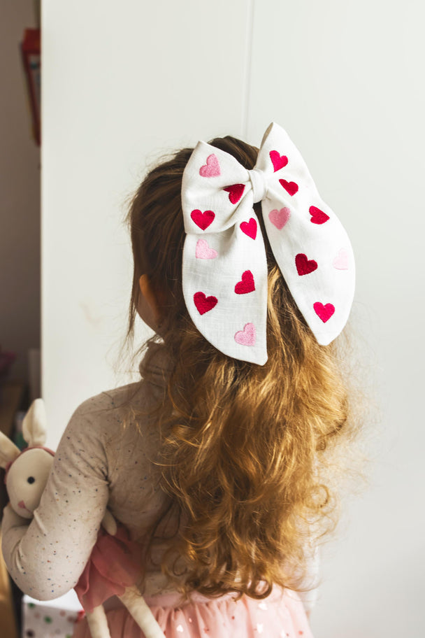 Big Linen Hair Bow with Embroidered Hearts