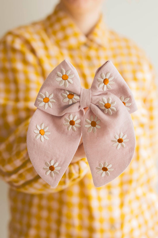 Big Linen Hair Bow with Big Daisies