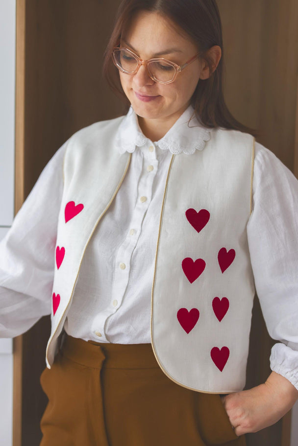 Linen Vest Cora with Hearts Embroidered