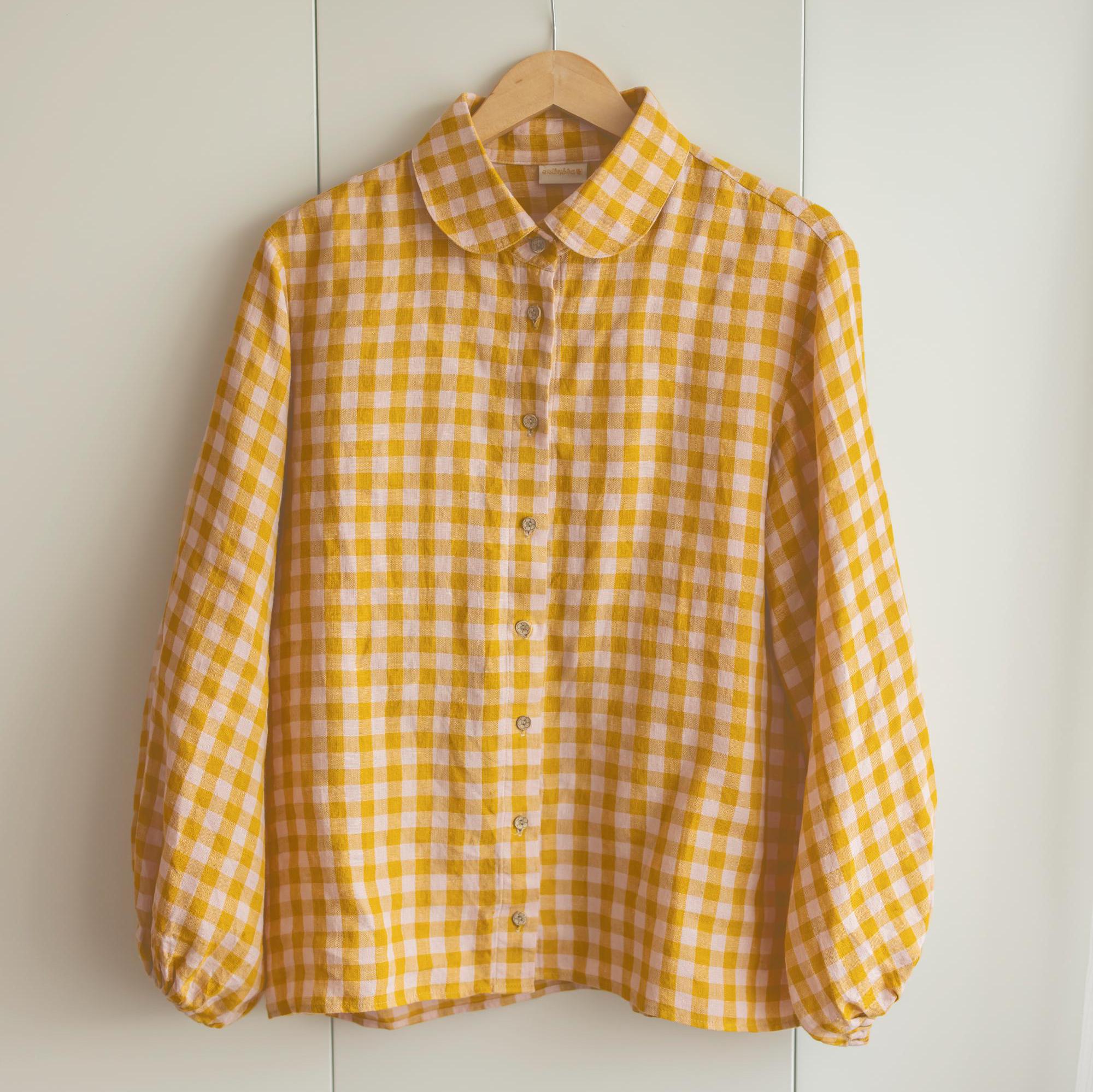 Rounded Peter Pan Collar Check Linen Shirt - Celia