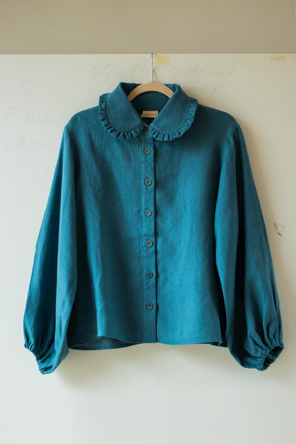 Reba Petrol Linen Shirt with Rounded Peter Pan Collar