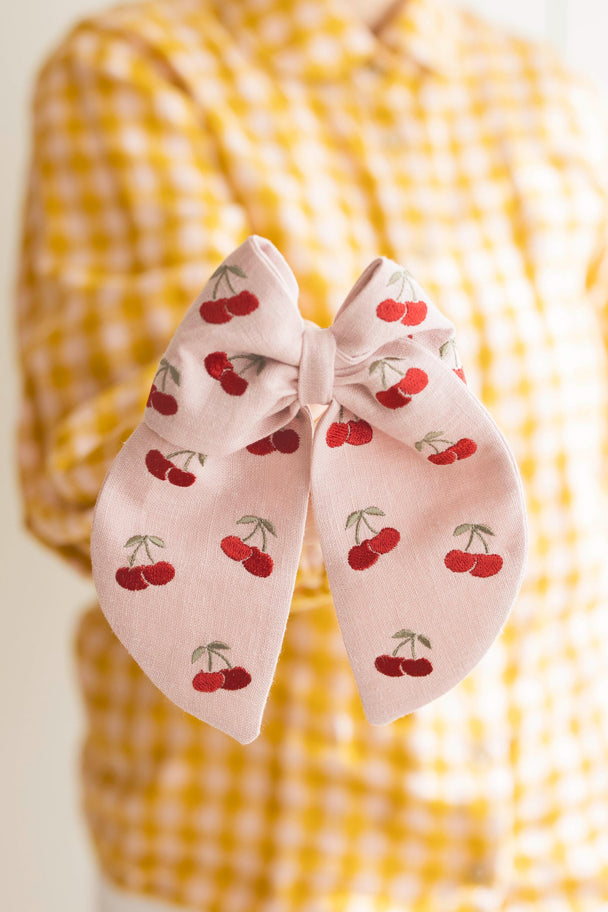 Big Linen Hair Bow with Embroidered Cherries