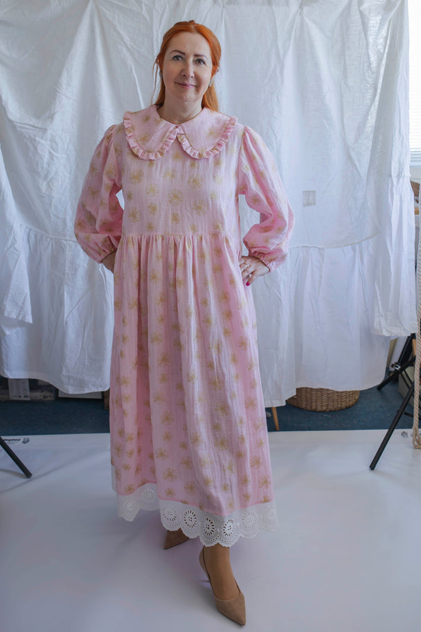 Gold Daisy Cotton Gauze Dress with Peter Pan Collar