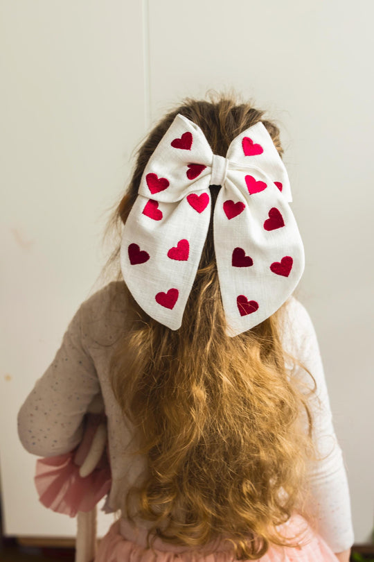 Big Linen Hair Bow with Embroidered Hearts