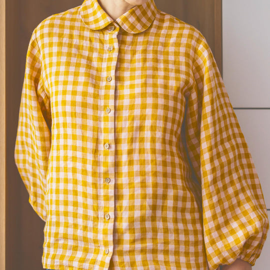 Rounded Peter Pan Collar Check Linen Shirt
