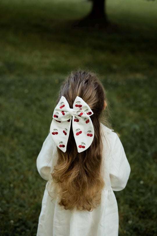 Big Linen Hair Bow with Embroidered Cherries