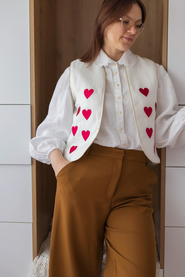 Linen Vest Cora with Hearts Embroidered