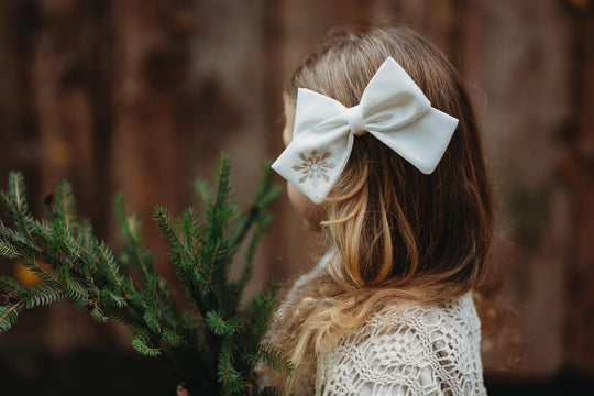 Christmas Satin Hair Bow with Embroidered Snowflake