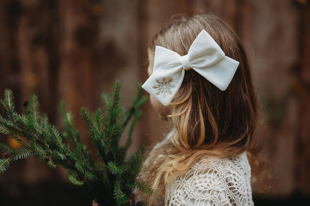 Christmas Satin Hair Bow with Embroidered Snowflake