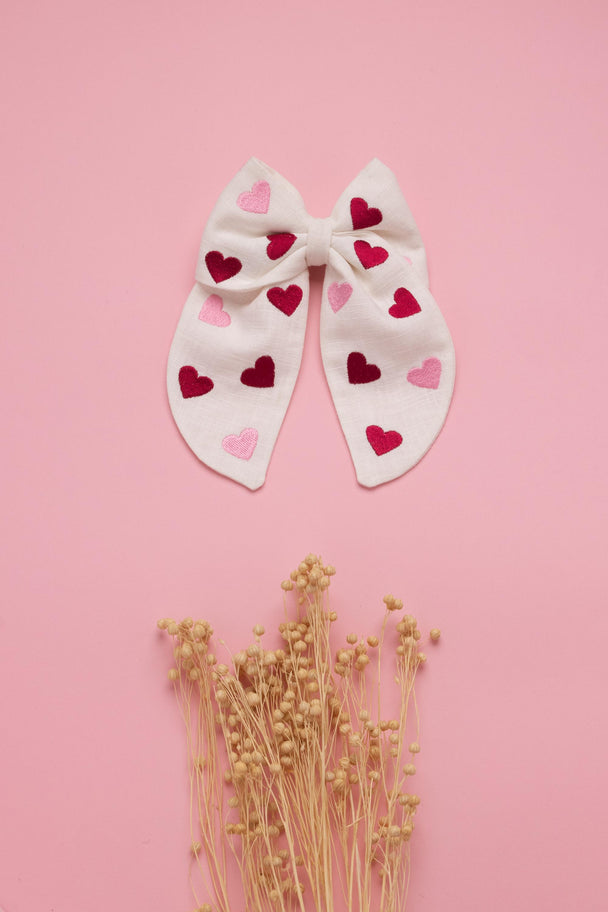 Big Linen Hair Bow with Embroidered Hearts
