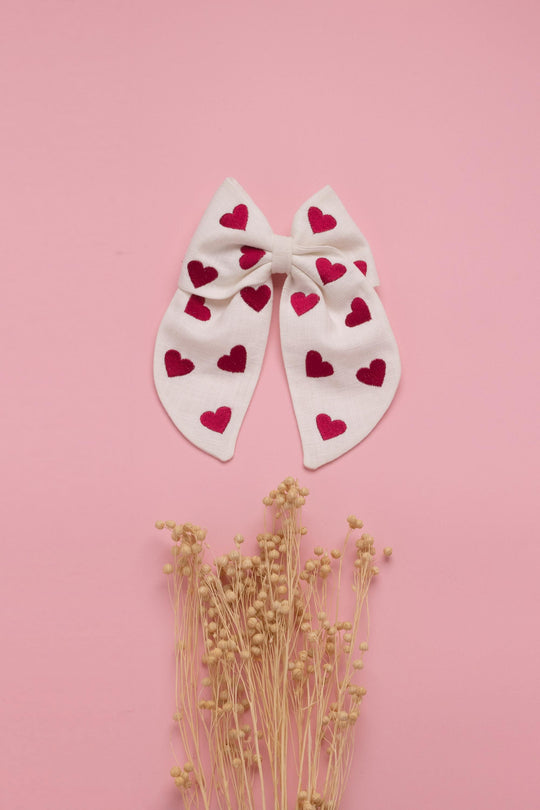 Big Linen Hair Bow with Embroidered Hearts
