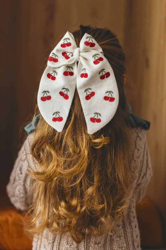 Big White Linen Hair Bow with Embroidered Cherries