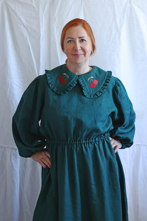 Long Cherry Linen Dress with Embroidered Peter Pan Collar