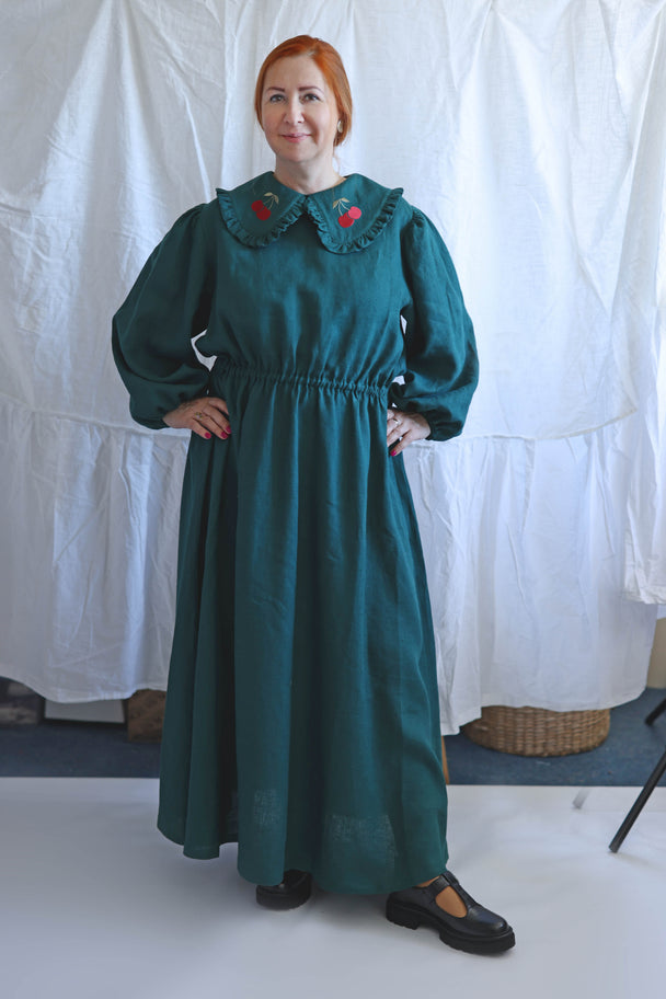 Long Cherry Linen Dress with Embroidered Peter Pan Collar