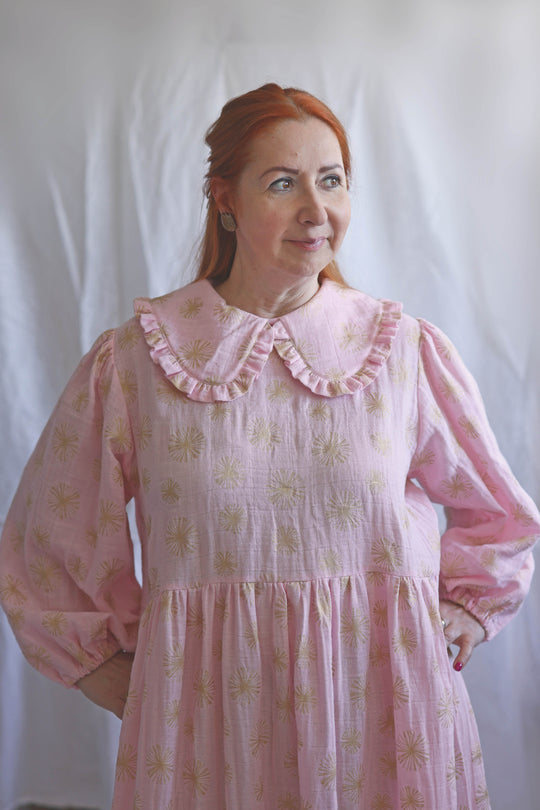 Gold Daisy Cotton Gauze Dress with Peter Pan Collar