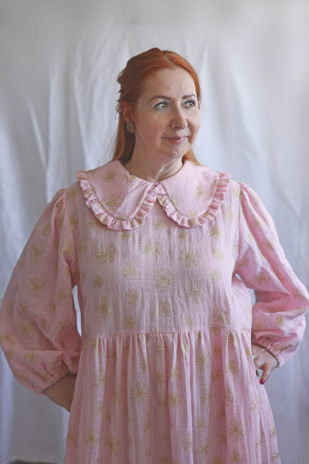 Gold Daisy Cotton Gauze Dress with Peter Pan Collar