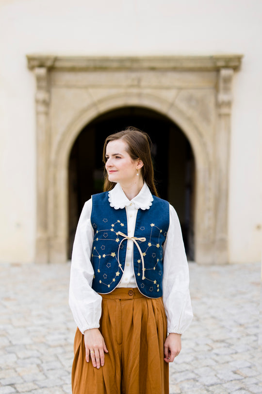 Stela Navy Linen Vest with Gold Star Constellation Embroidery