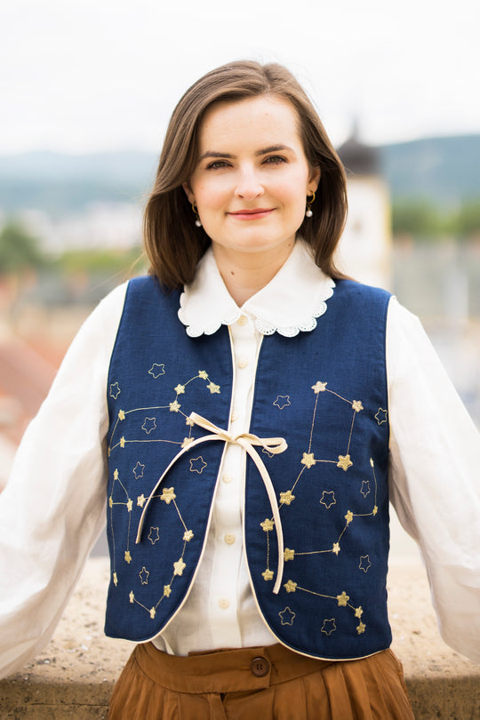 Stela Navy Linen Vest with Gold Star Constellation Embroidery