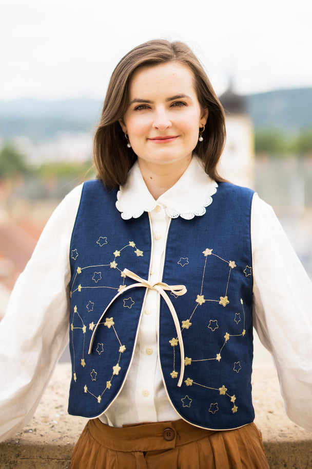 Stela Navy Linen Vest with Gold Star Constellation Embroidery