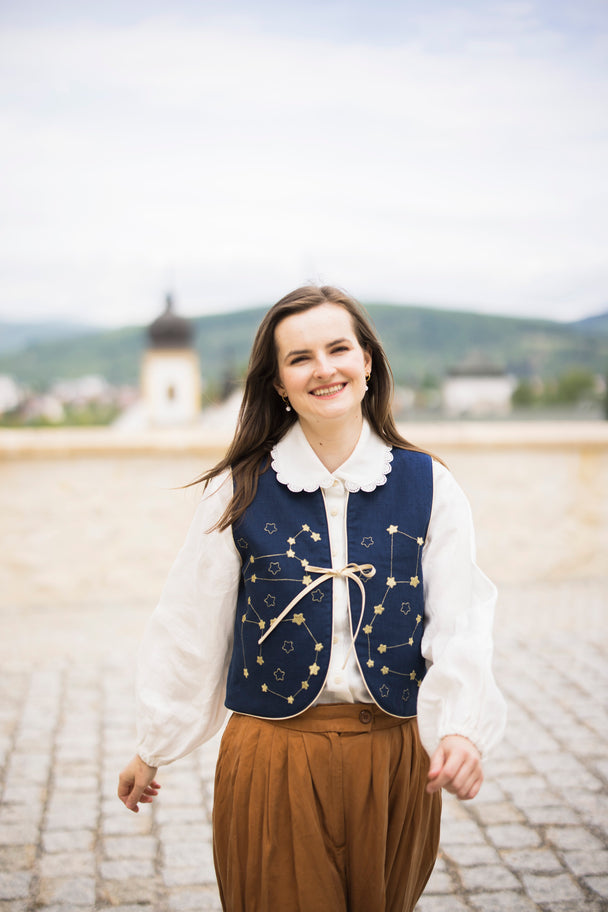 Stela Navy Linen Vest with Gold Star Constellation Embroidery