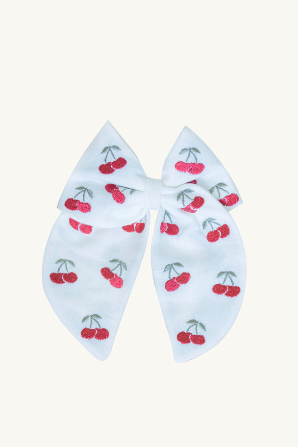 Big White Linen Hair Bow with Embroidered Cherries