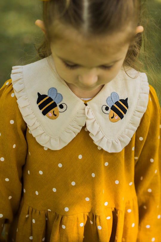 Children LInen Dress With Peter Pan Collar Honey Bee