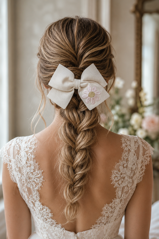 Daisy Embroidered Cream Linen Hair Bow