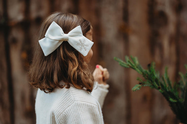 Christmas Satin Hair Bow with Embroidered Snowflake II