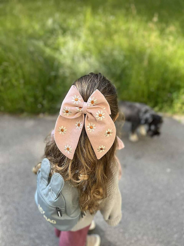 Big Linen Hair Bow with Big Daisies