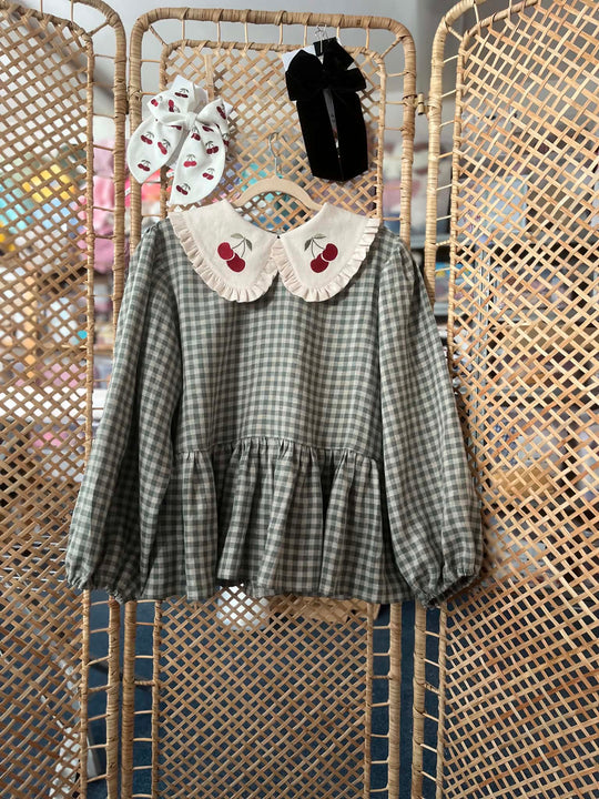 Vintage Cherry Linen Blouse with Peter Pan Collar