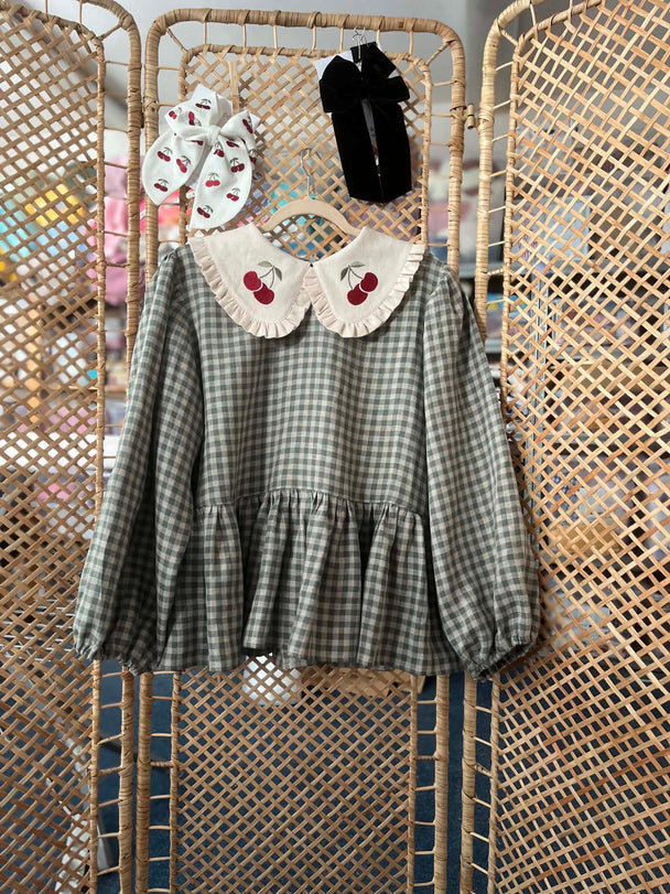 Vintage Cherry Linen Blouse with Peter Pan Collar