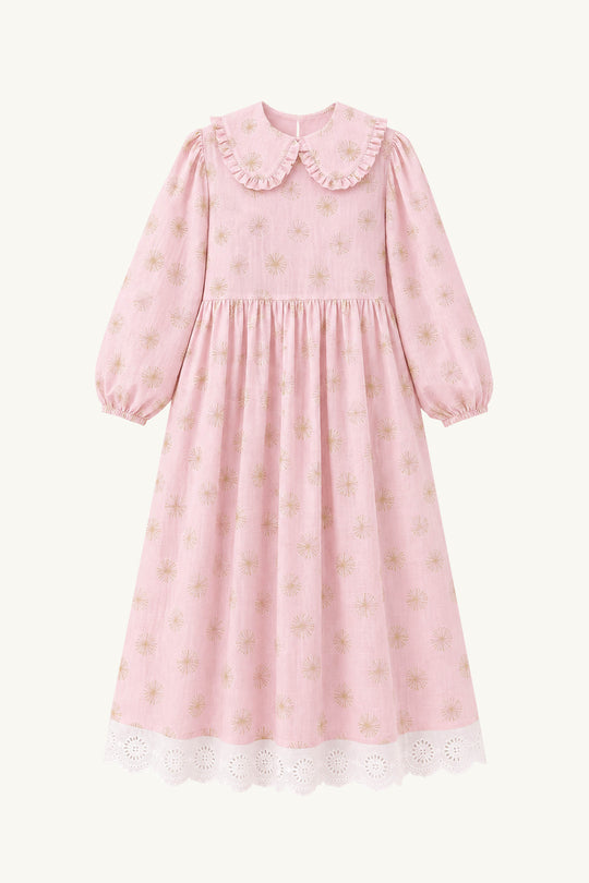 Gold Daisy Cotton Gauze Dress with Peter Pan Collar