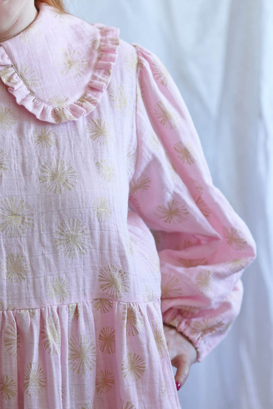 Gold Daisy Cotton Gauze Dress with Peter Pan Collar