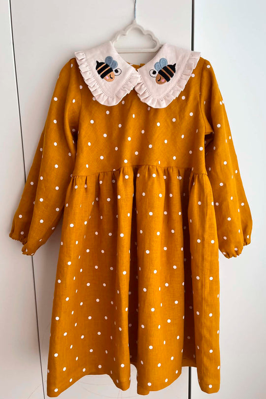 Children LInen Dress With Peter Pan Collar Honey Bee