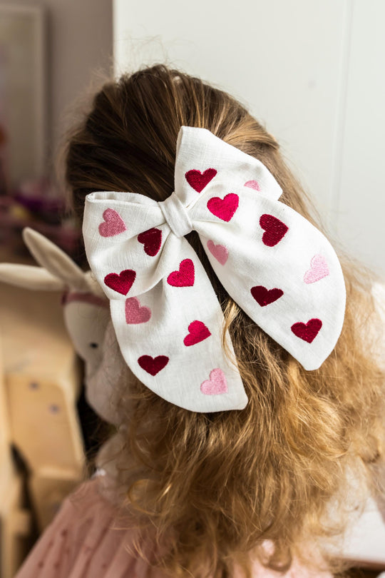 Big Linen Hair Bow with Embroidered Hearts
