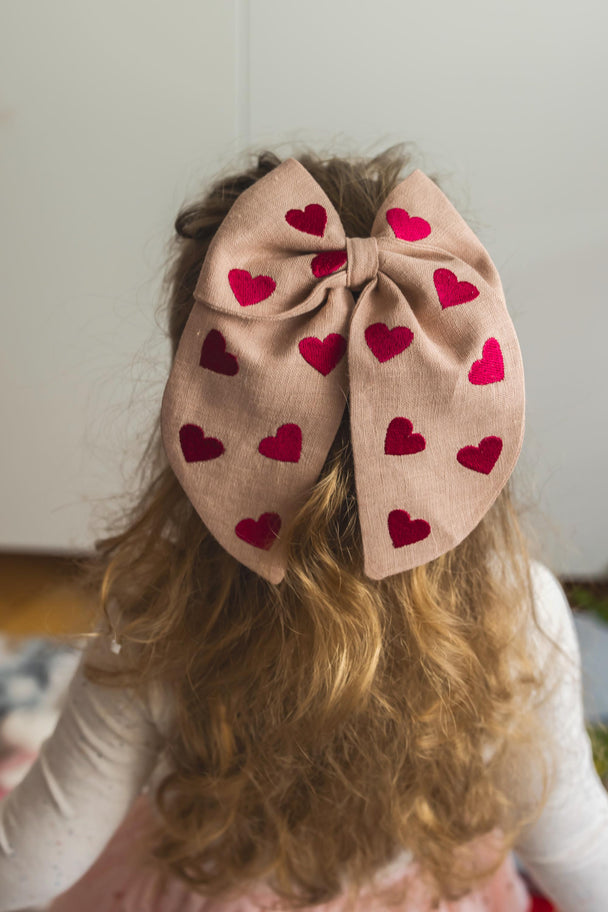 Big Linen Hair Bow with Embroidered Hearts