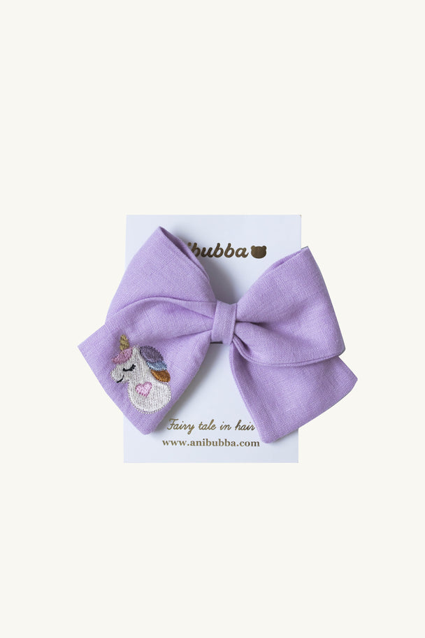 Unicorn Embroidered Linen Hair Bow Hair Tie
