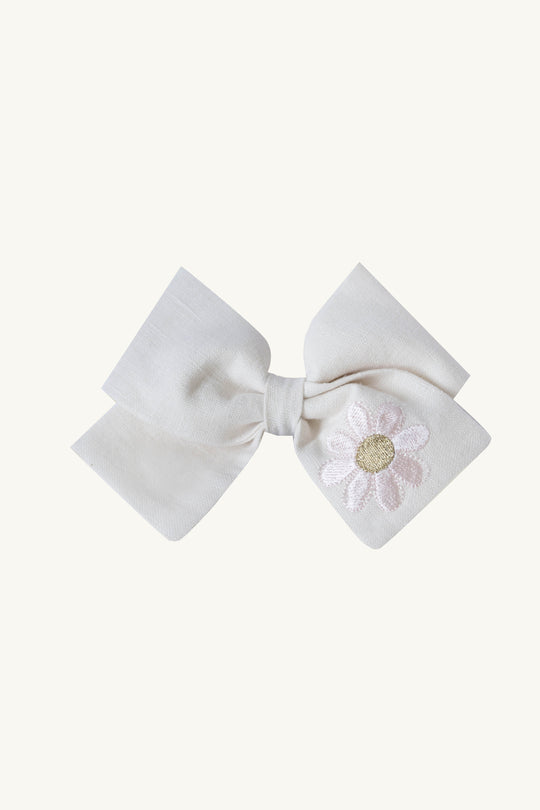 Daisy Embroidered Cream Linen Hair Bow