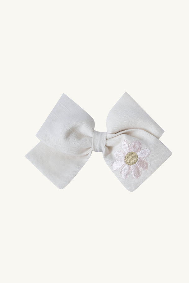Daisy Embroidered Cream Linen Hair Bow