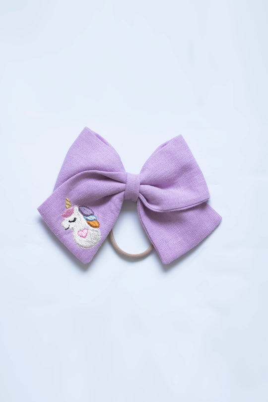 Unicorn Embroidered Linen Hair Bow Hair Tie