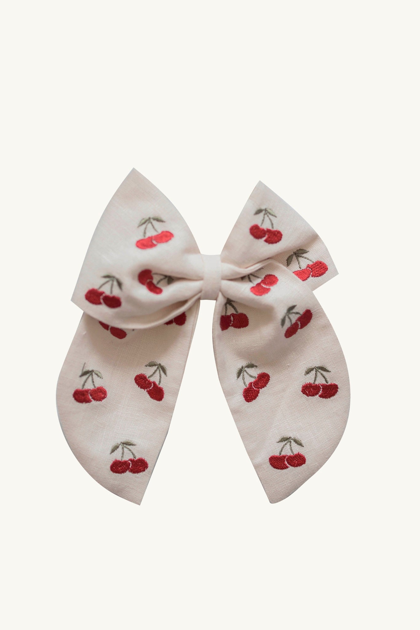Big Cream Linen Hair Bow with Embroidered Cherries - Cream