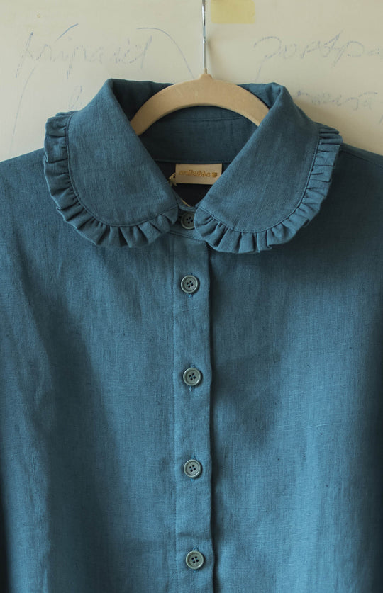 Reba Petrol Linen Shirt with Rounded Peter Pan Collar
